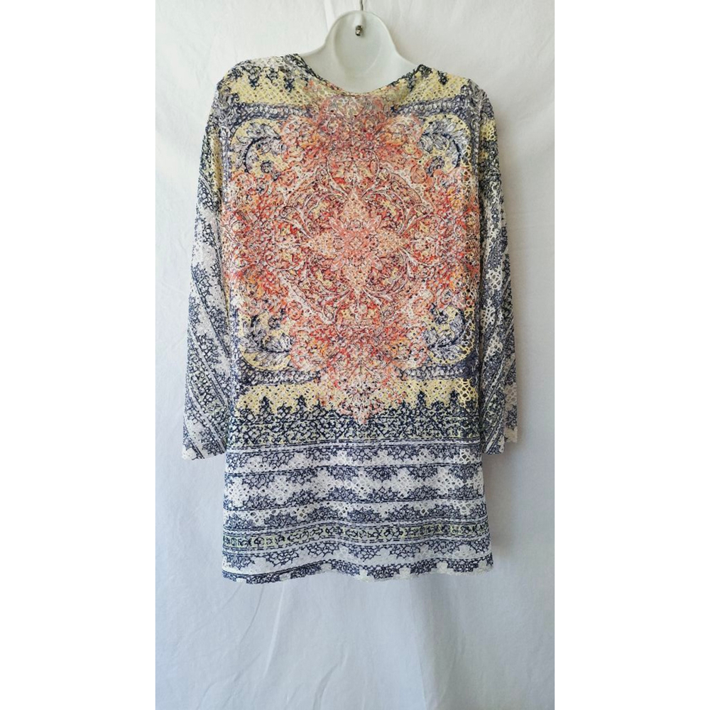 Reba sz XL Made in USA Long Sleeve mesh lined eyelet argyle beach vacation top - Picture 3 of 5